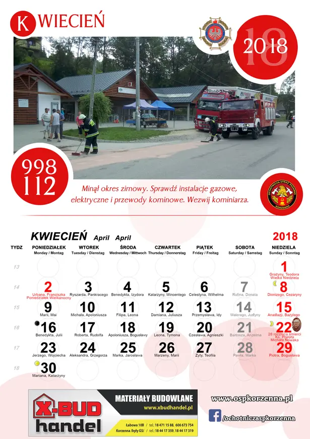 Kalendarz OSP Korzenna 2018 — Kwiecień