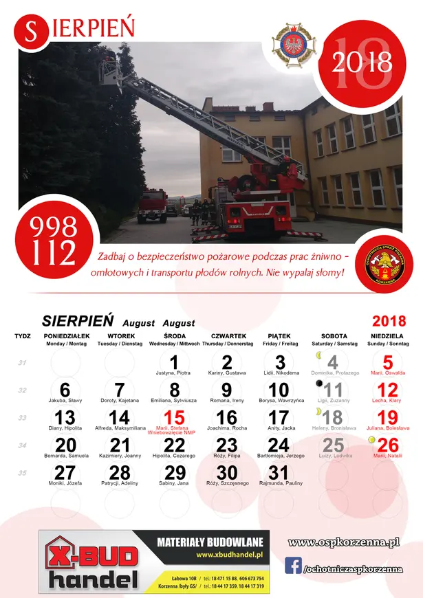 Kalendarz OSP Korzenna 2018 — Sierpień