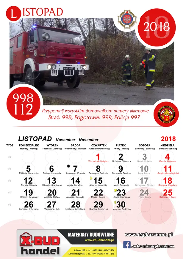 Kalendarz OSP Korzenna 2018 — Listopad