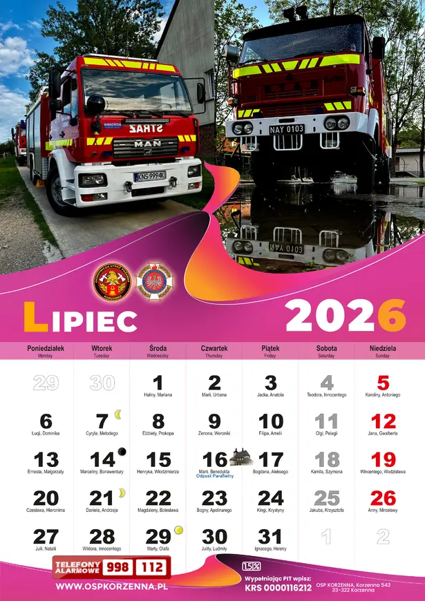 Kalendarz OSP Korzenna 2026 — Lipiec