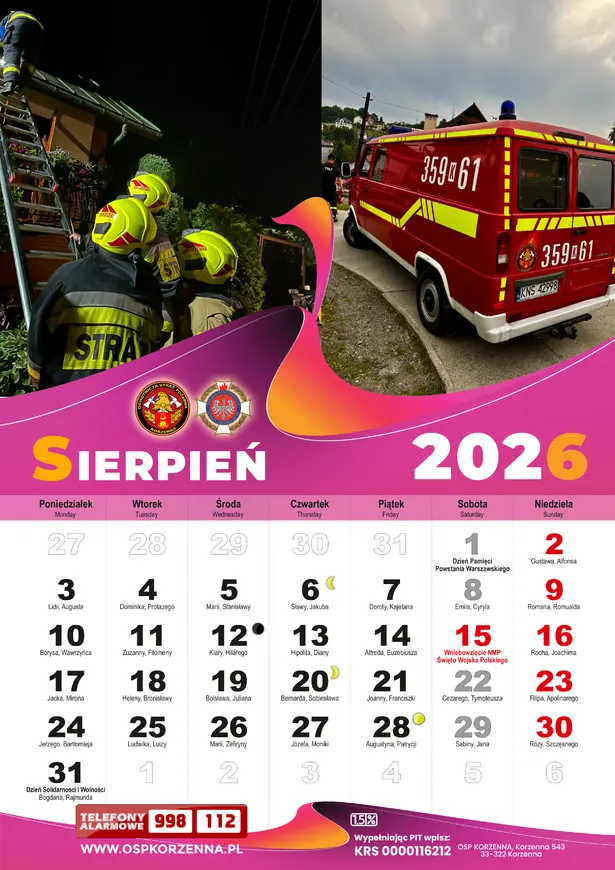 Kalendarz OSP Korzenna 2026 — Sierpień