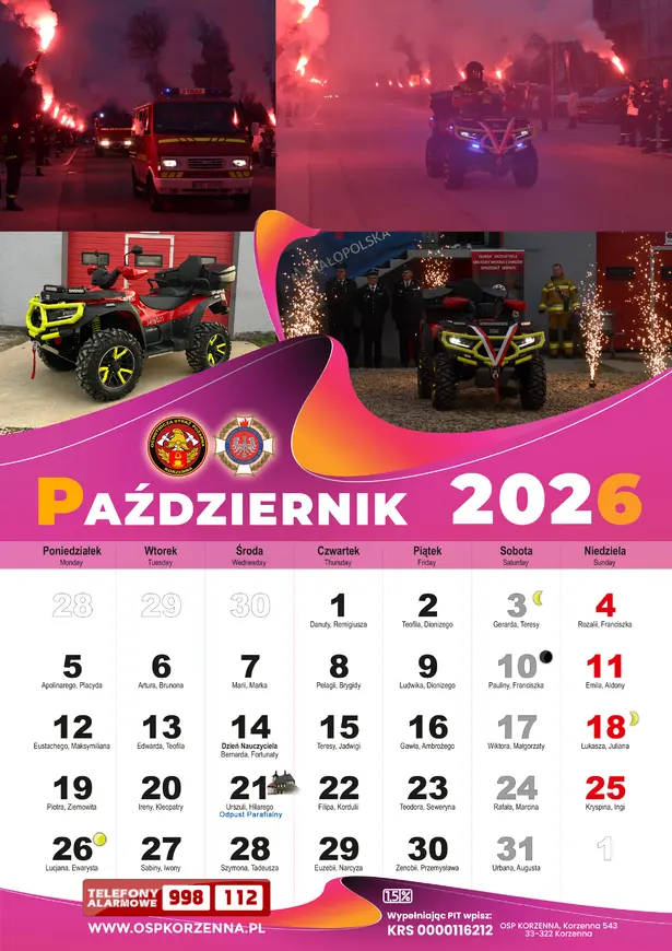 Kalendarz OSP Korzenna 2026 — Październik
