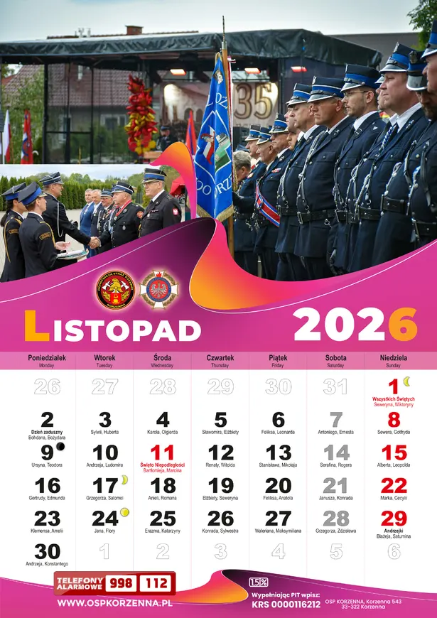 Kalendarz OSP Korzenna 2026 — Listopad
