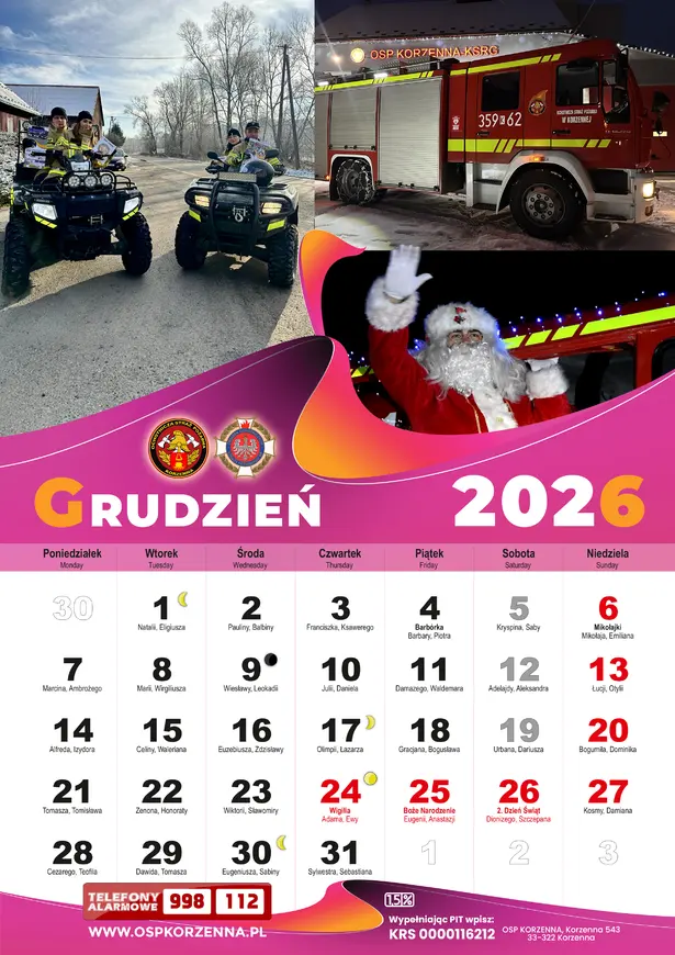 Kalendarz OSP Korzenna 2026 — Grudzień